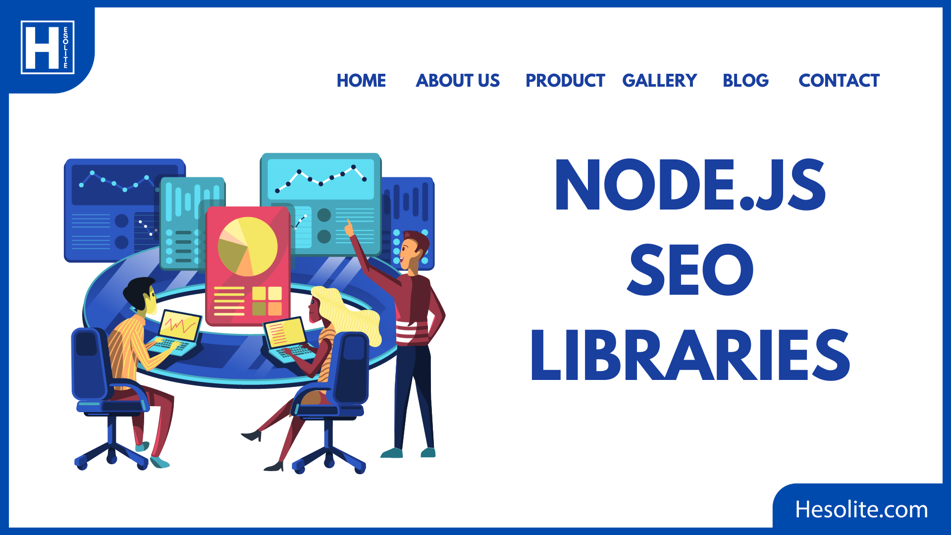 animated people are working on Node.js SEO Libraries beside a table